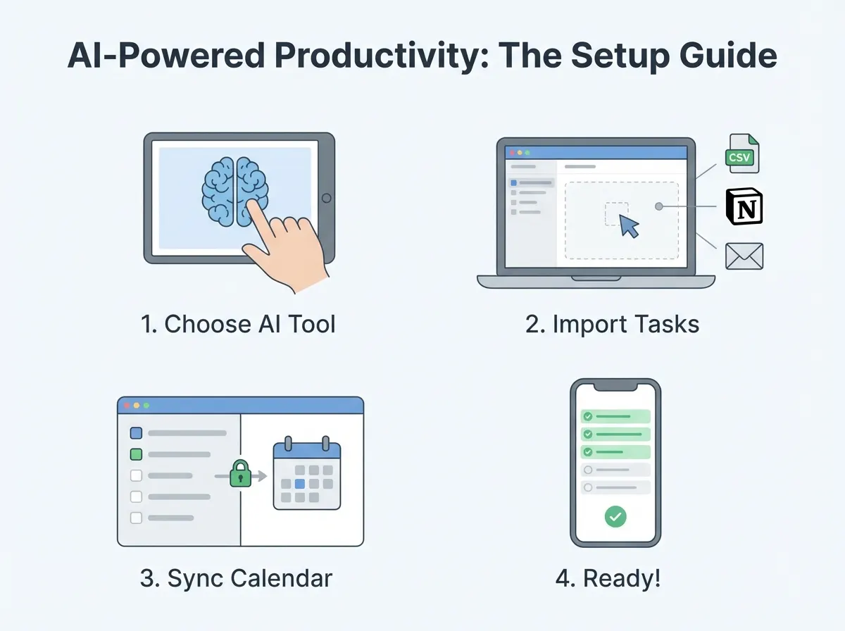 Step-by-step process of setting up AI to-do list with task imports and calendar sync