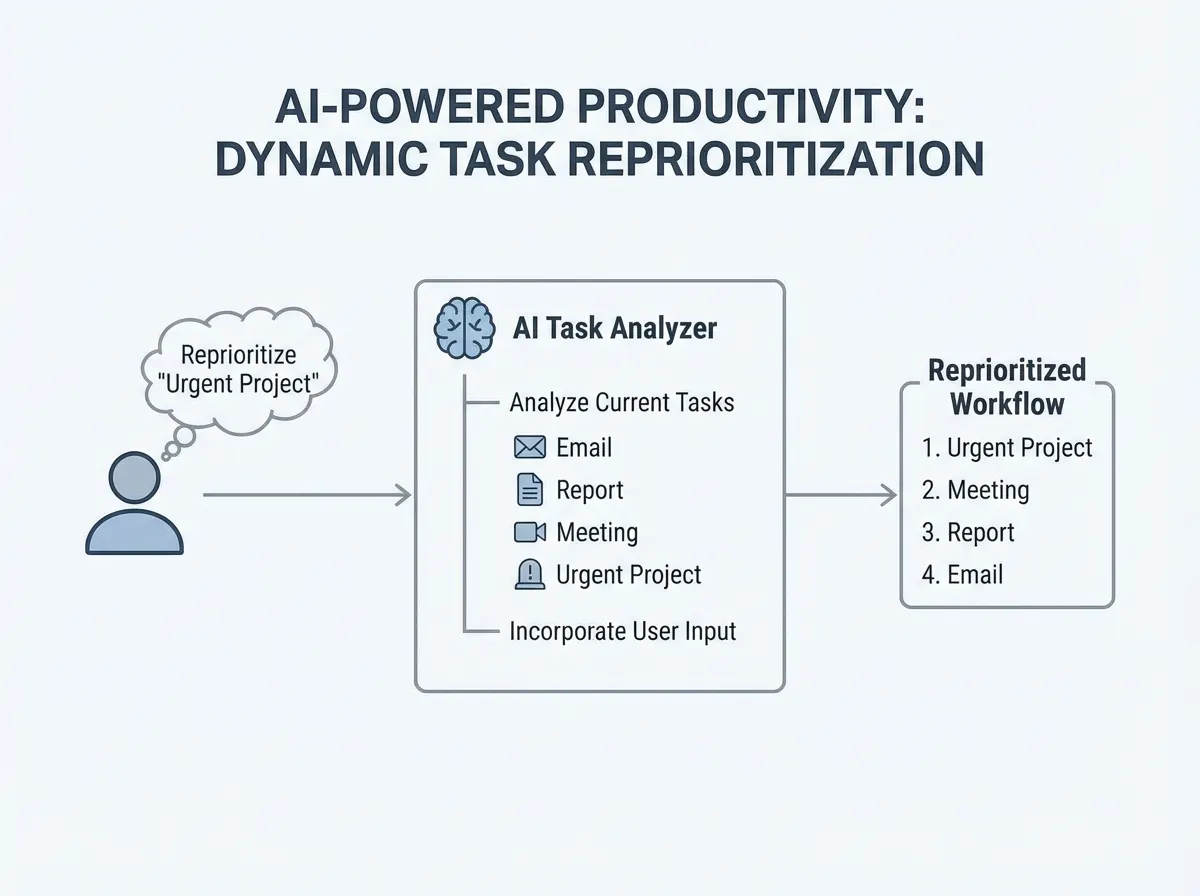 Workflow diagram showing AI analyzing tasks and reprioritizing based on user input
