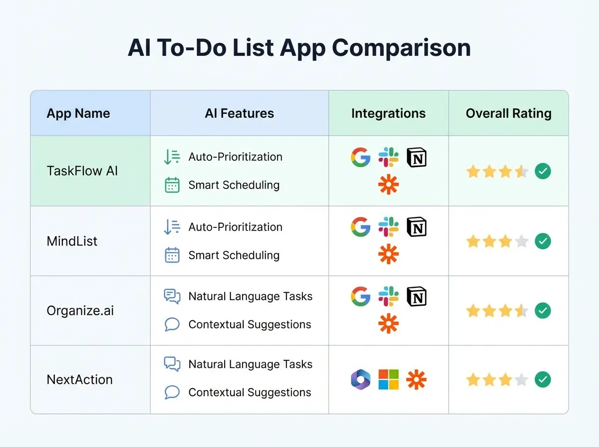 Comparison table showing AI to-do list app features and integrations