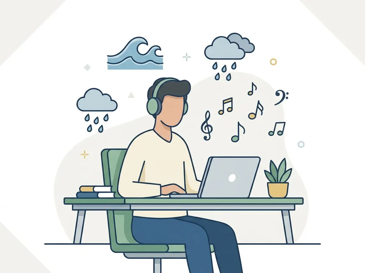 A person wearing headphones, sitting at a desk with a laptop, surrounded by ambient sound icons like waves, rain, and music notes