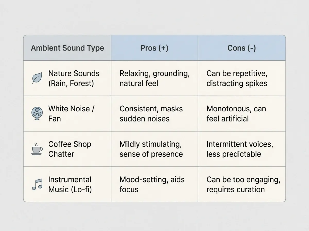 A comparison table showing different ambient sound types with pros and cons listed