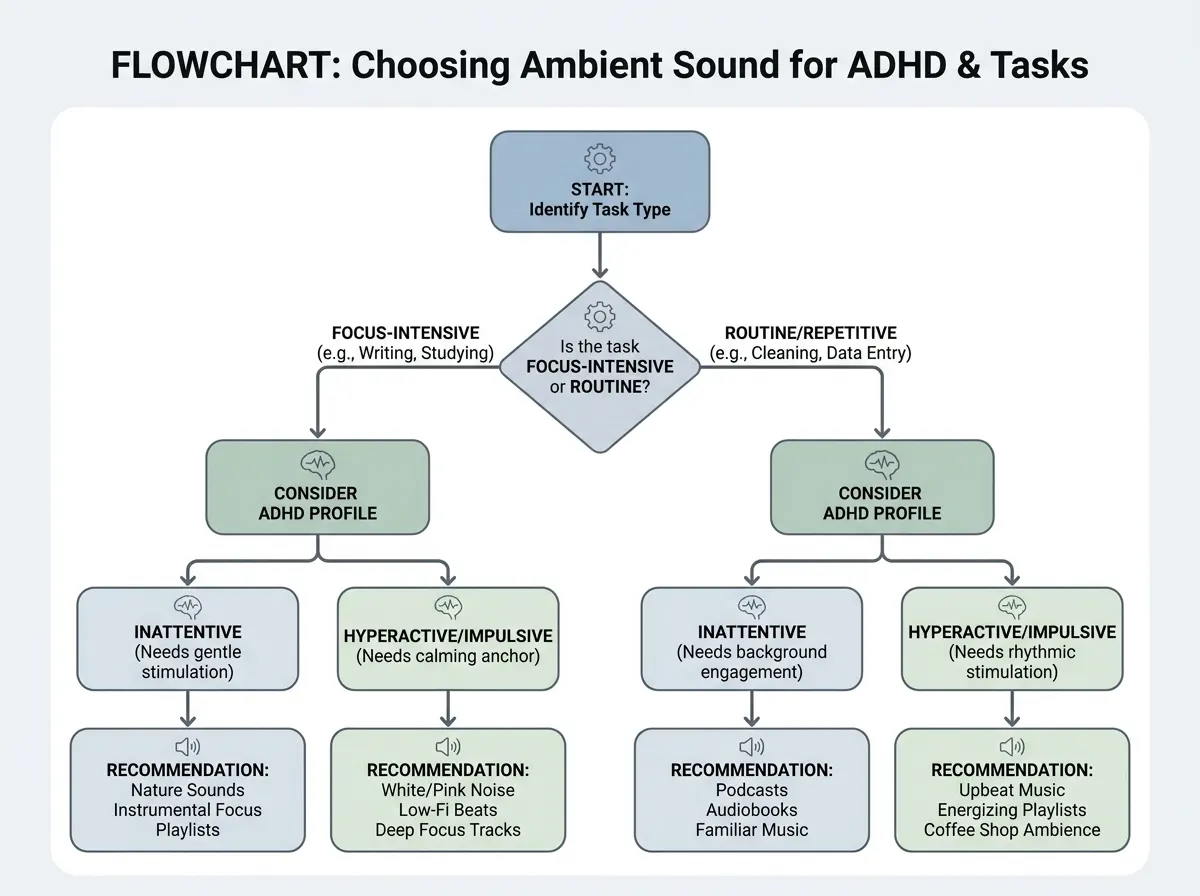 A step-by-step workflow diagram showing how to choose the right ambient sound based on task type and ADHD profile