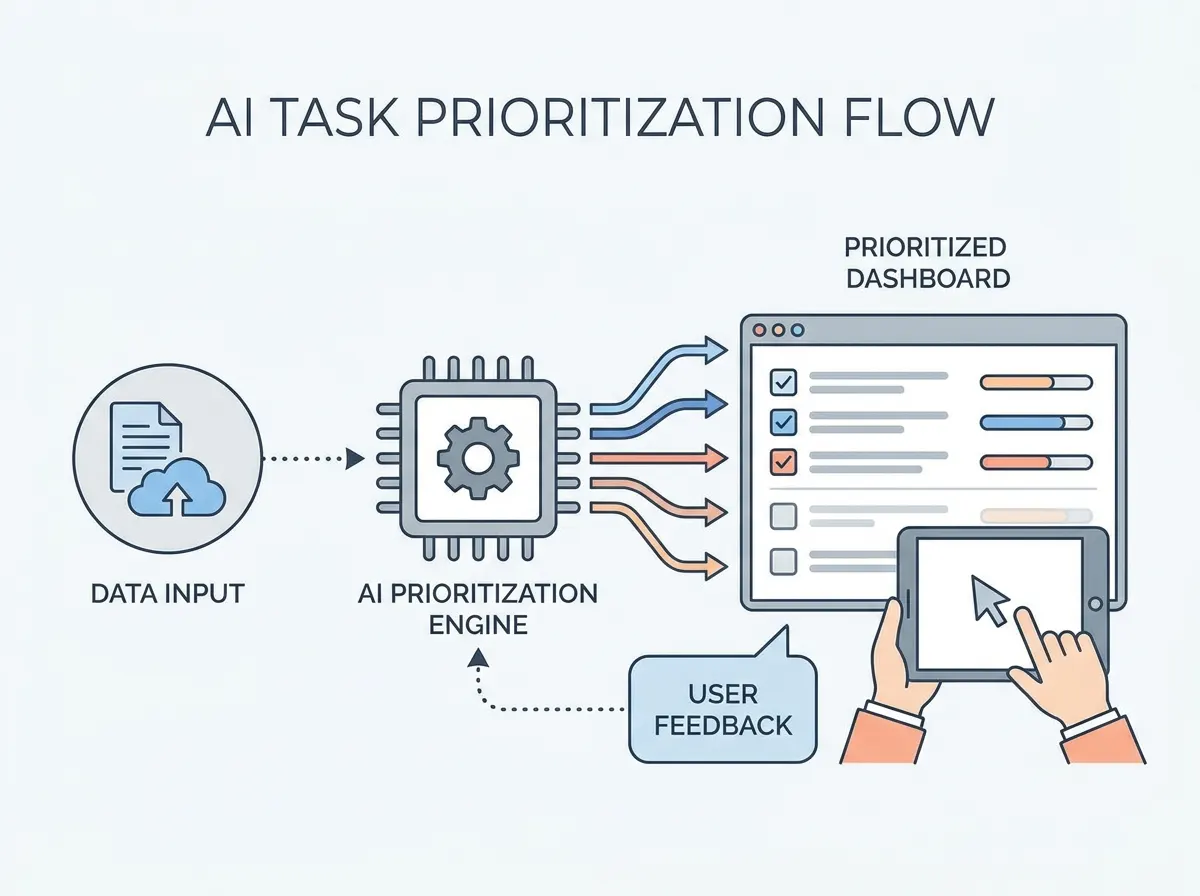 Illustration of AI task prioritization showing data flow from input to dashboard with user interaction