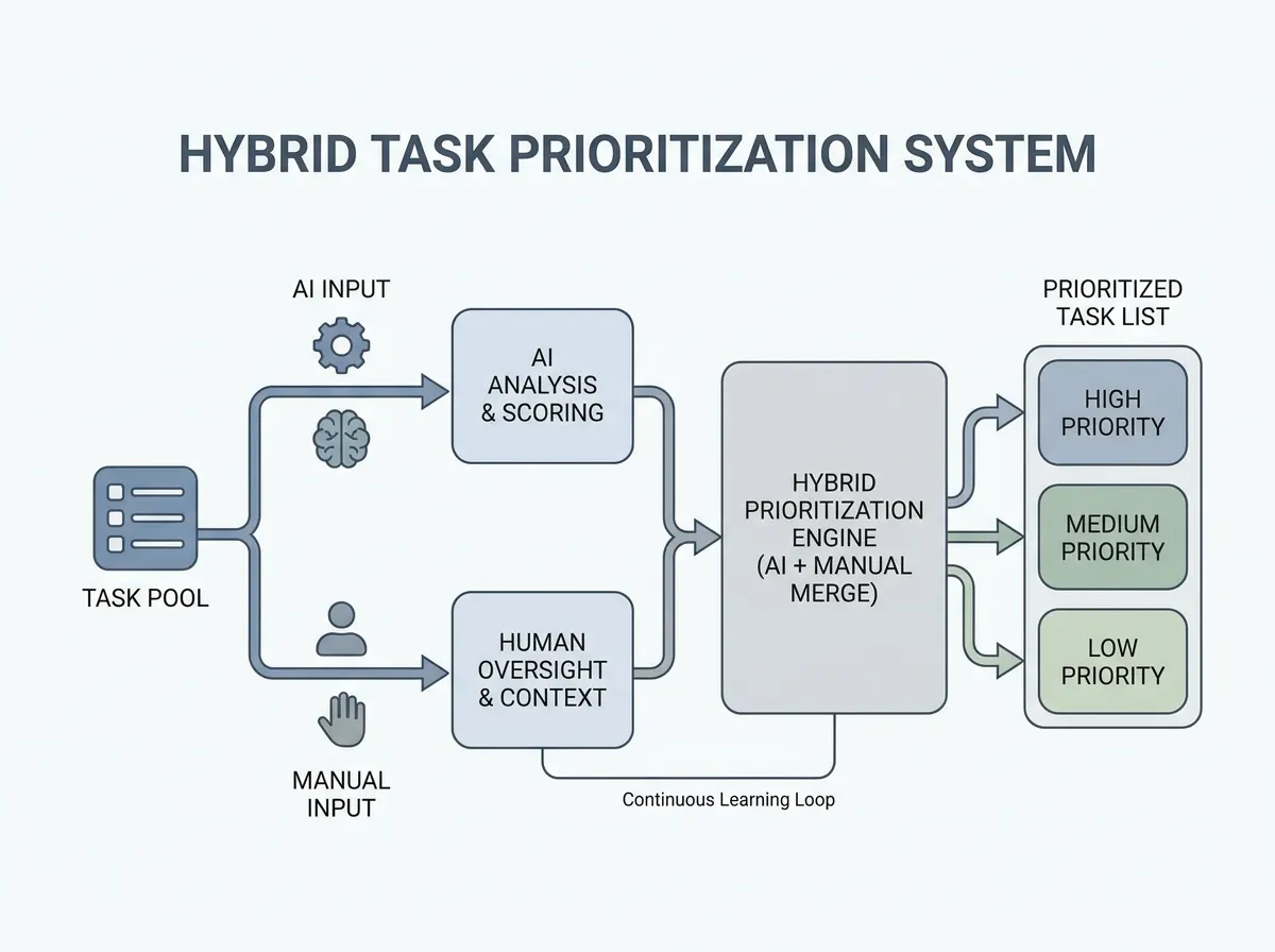 Workflow diagram of hybrid task prioritization system combining AI and manual inputs