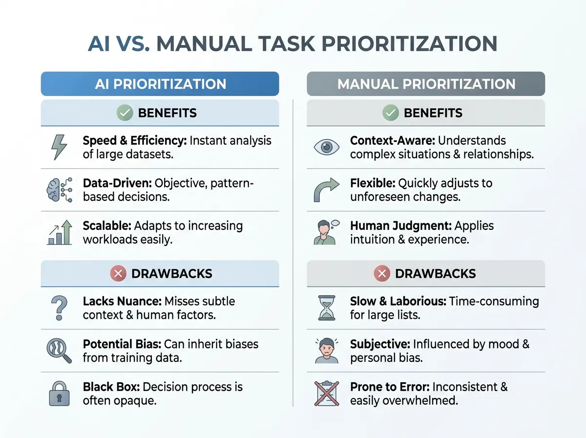 Comparison chart of AI vs manual task prioritization benefits and drawbacks