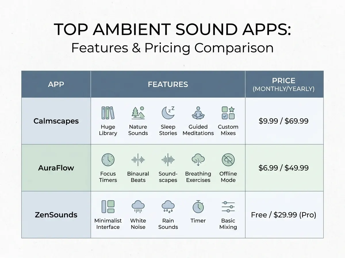 Comparison table showing features and prices of top ambient sound apps