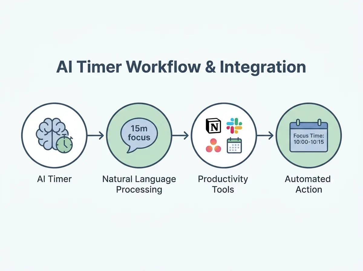 Step-by-step workflow diagram showing AI timer integration with productivity tools