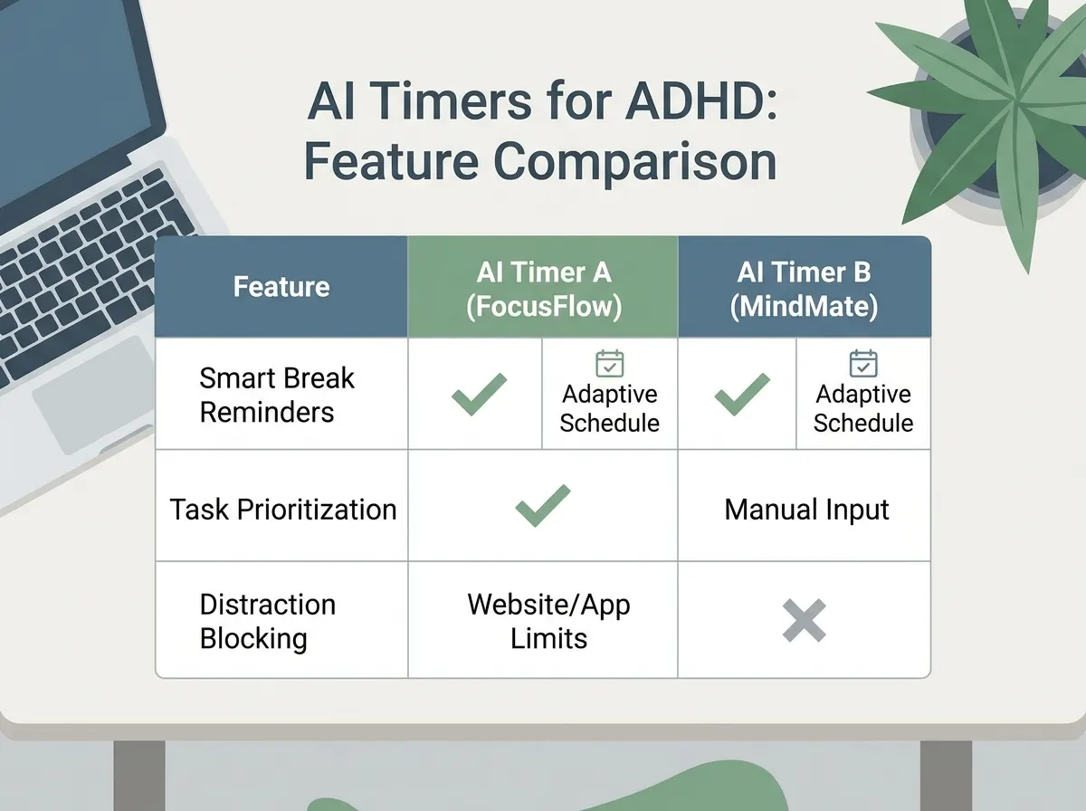 Comparison table showing features of AI timers for ADHD users