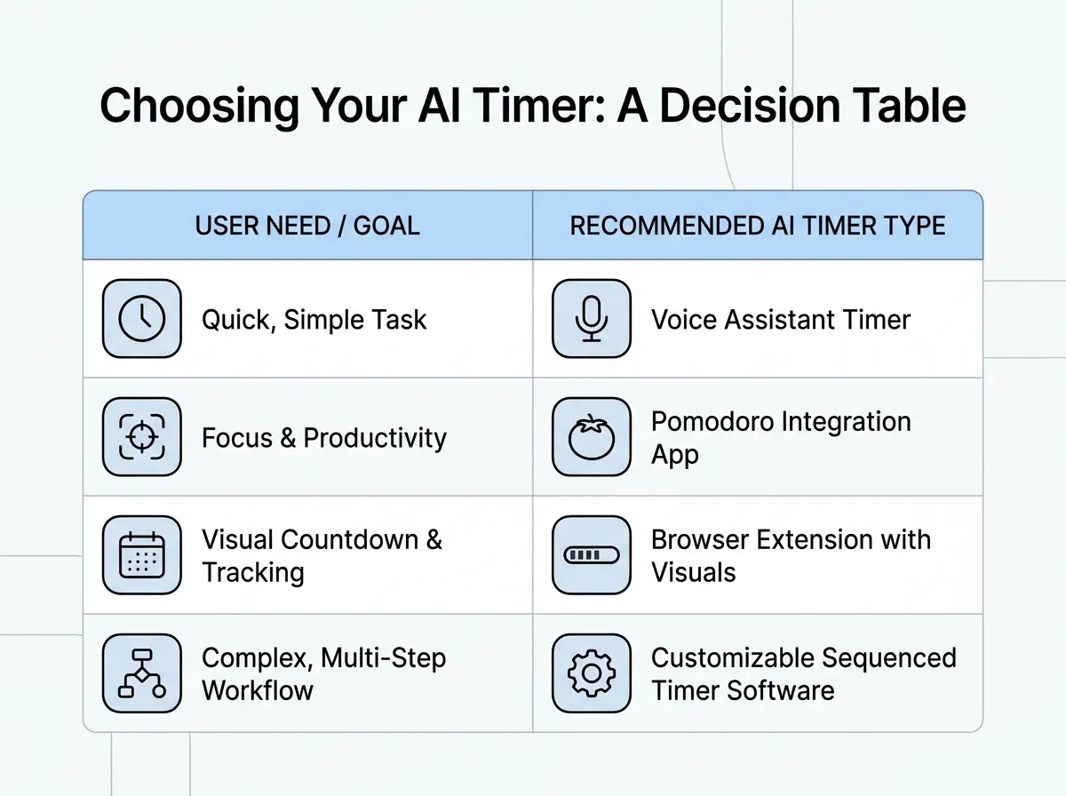 Decision table for choosing AI timers based on user needs