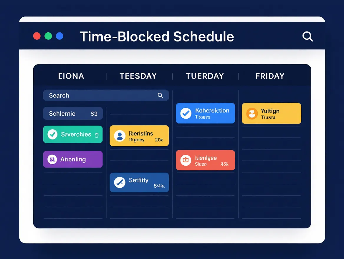 Visual representation of a time-blocked schedule with color-coded tasks