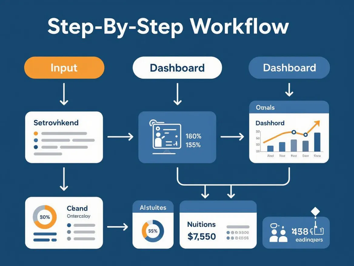 Step-by-step workflow diagram showing data flowing from input to dashboard