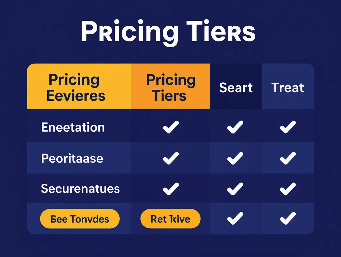 Comparison table showing three pricing tiers with feature checkmarks